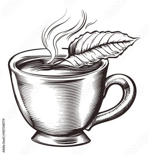 Detailed Engraving of a Cup with Steam and Leaf Illustration
