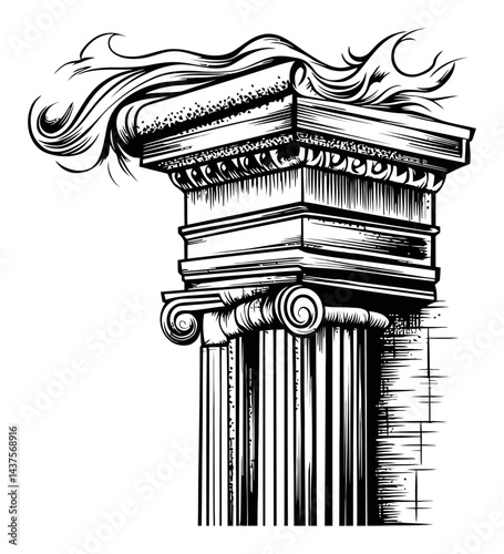 Detailed Engraving of Classic Column with Decorative Scrolls