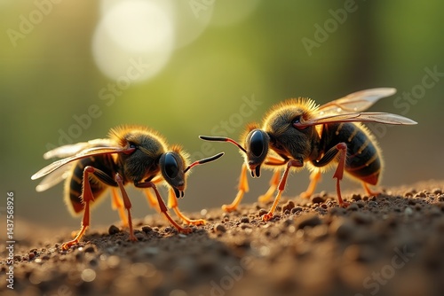 Bees in focus: close-up of two bees interacting in natural setting