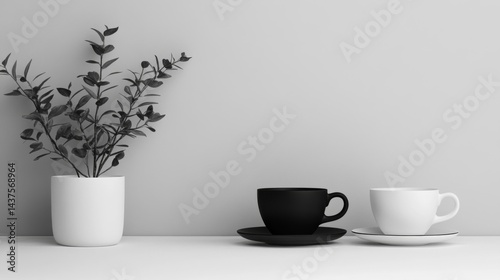 Wallpaper Mural Black and White Cups and Plant Still Life Torontodigital.ca