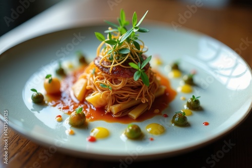 Gourmet pasta dish beautifully presented in fine dining setting