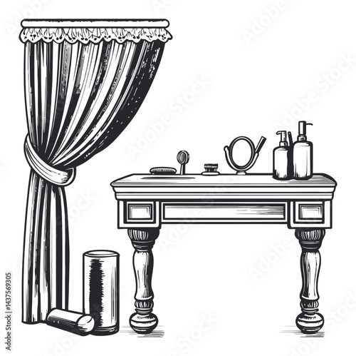 Vintage Engraving of Dressing Table with Draped Curtain and Accessories