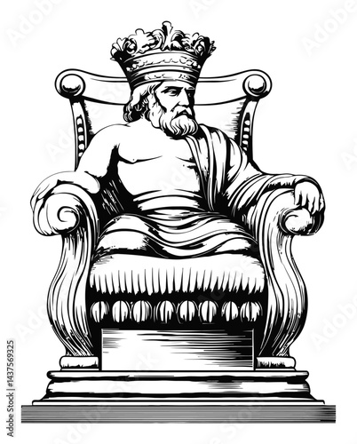 Majestic King Sitting on Throne in Vintage Engraving Style