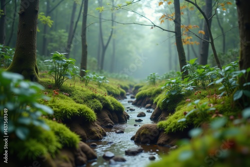 Tranquil stream flowing lush greenery