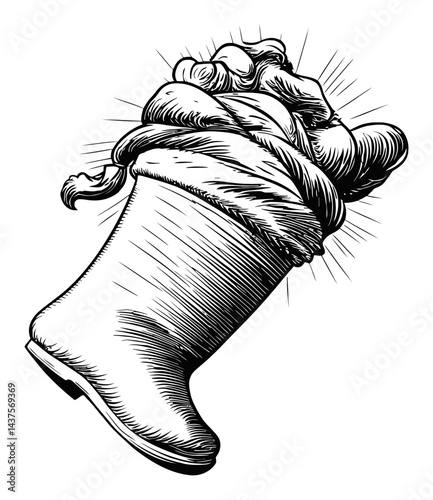 Detailed Engraving of a Boot with a Clenched Fist Illustration
