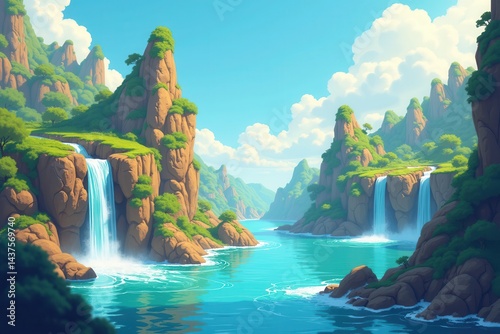 Tropical waterfall landscape with lush green cliffs clear blue water
