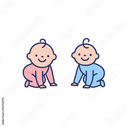 Icon of two happy babies crawling on a white background  