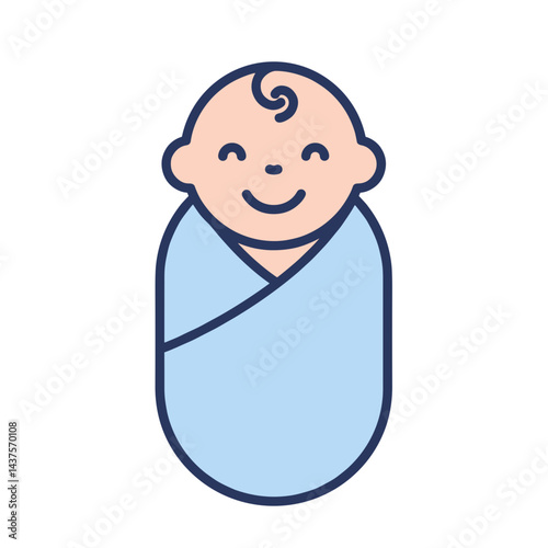 Baby icon smiling in a blue swaddle against a simple background  