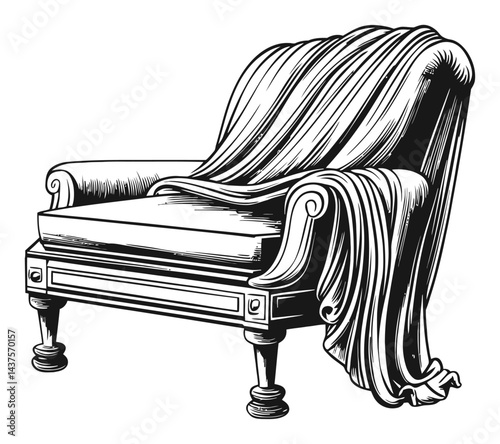 Vintage Armchair with Draped Fabric Engraving Illustration Design