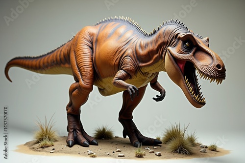 Dinosaur model with open mouth displaying teeth