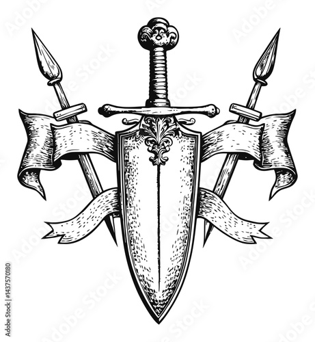 Detailed Vintage Engraving of Shield and Swords Illustration Design
