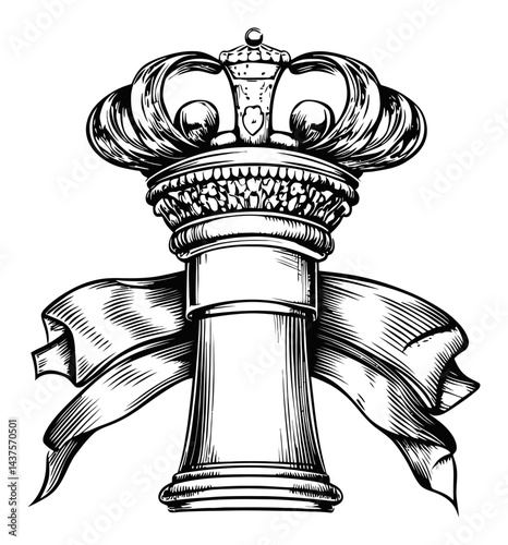 Detailed Crown Engraving with Ribbon Illustration for Royal Themes