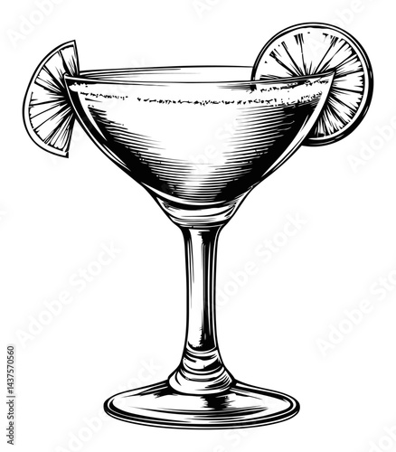 Vintage Engraving of a Martini Glass with Lemon Wedge Decoration