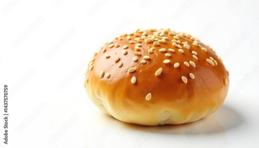 Sesame seed bun, slightly glossy, on white background , sesame, meal Sesame seed bun, slightly glossy, on white background , sesame, meal