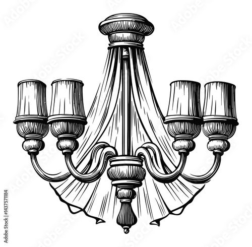 Detailed Engraving of an Elegant Chandelier in Black and White