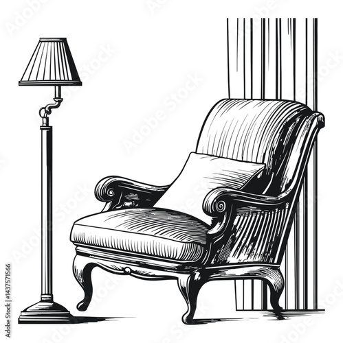Elegant Engraving of Armchair and Lamp in Classic Interior Design