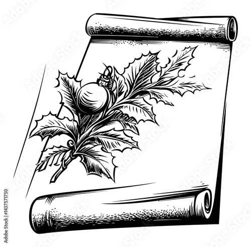 Detailed Black and White Illustration of Holly on Scroll Paper