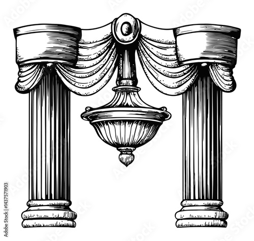 Detailed Engraving of Decorative Columns with Draped Fabric Design