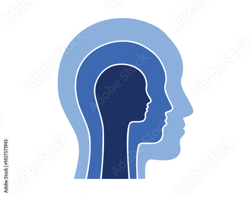 Human mind 3 personality parts. Three color parts in head silhouette with three layered profile. conscious, subconscious, and unconscious mind concept