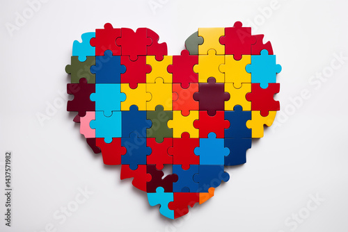 A large heart shape constructed from multi-colored interlocking puzzle pieces on a clean white background, Heart Made of Puzzle Pieces