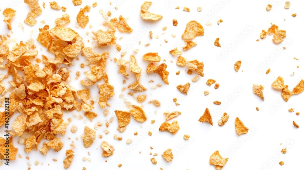 Crispy cereal flakes scattered on white background Crispy cereal flakes scattered on white background