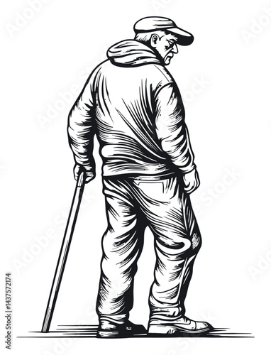 Detailed Engraving of a Man Walking with a Cane in Black and White