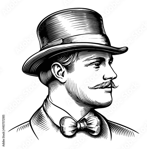 Vintage Engraving of a Stylish Man in a Bowtie and Top Hat
