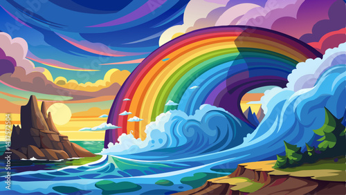 Rainbow behind crashing wave and coastal rock shelf.