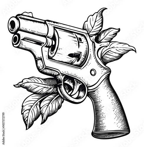 Detailed Engraving of Revolver Surrounded by Leafy Vegetation