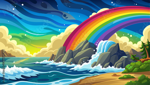 Rainbow behind crashing wave and coastal rock shelf.