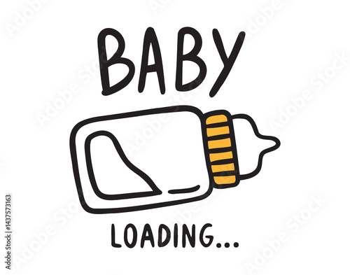 Baby loading lettering with milk bottle cartoon emblem or poster