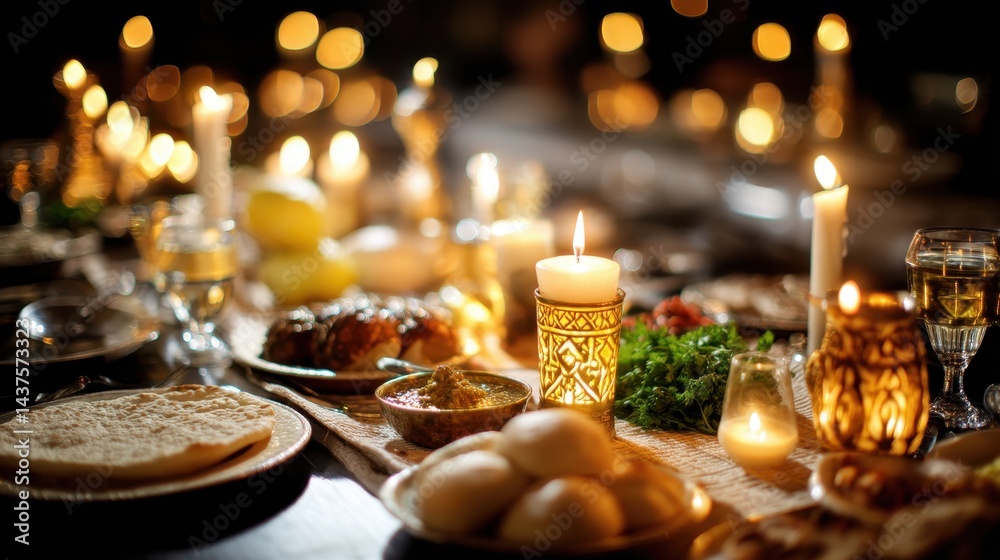 Warm and Inviting Passover Night Scene with Glowing Candles and Festive Holiday Table Setting Warm and Inviting Passover Night Scene with Glowing Candles and Festive Holiday Table Setting