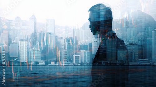 Businessman Silhouette with Hong Kong Skyline and Stock Market Trends