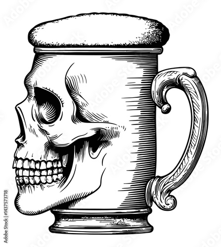Intricate Skull Design on Vintage Beer Stein Engraving Art