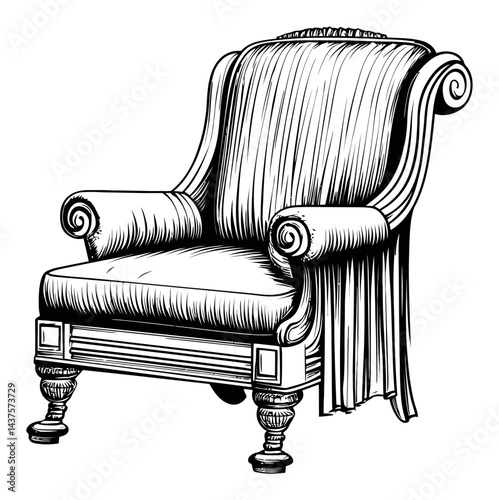 Detailed Engraving of a Classic Upholstered Armchair in Line Art