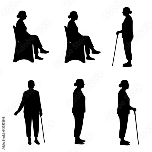 vector doodle illustration of a old aging woman poses