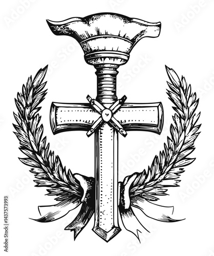 Vintage Cross with Laurel Wreath Engraving Design for Illustrations