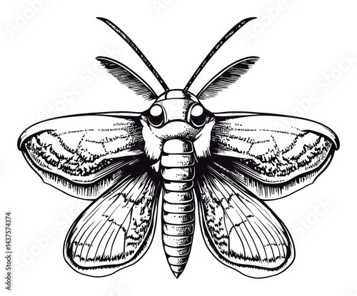 Detailed Black and White Engraving Illustration of a Moth