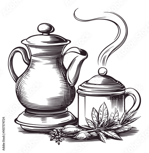 Vintage Engraving of Teapot and Sugar Bowl with Decorative Leaves
