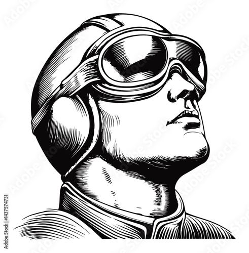 Vintage Racing Driver Engraving with Goggles and Helmet Design