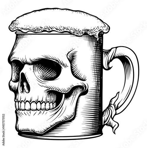 Skull Mug Engraving with Foam, Vintage Illustration Style