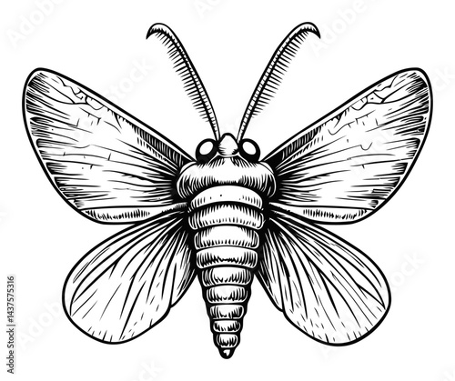 Detailed Black and White Engraving of a Stylized Moth Illustration