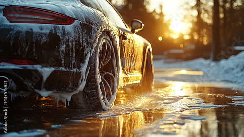 Sport car covered in soapy foam during winter car wash. Sunlight reflecting on icy road.