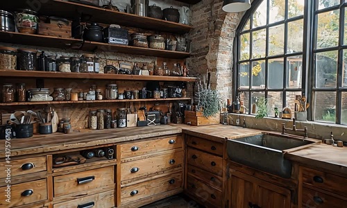 Cozy Kitchen with Wood Cabinets Shelves of Jars and Large Window Letting Natural Light in Rustic Interior Design