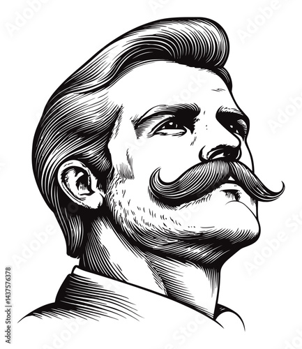 Vintage Engraving of a Man with a Stylish Mustache and Hair