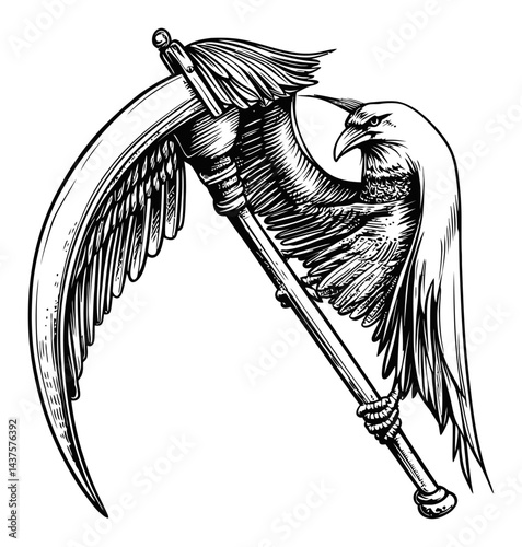 Detailed Engraving of a Majestic Eagle Holding a Scythe