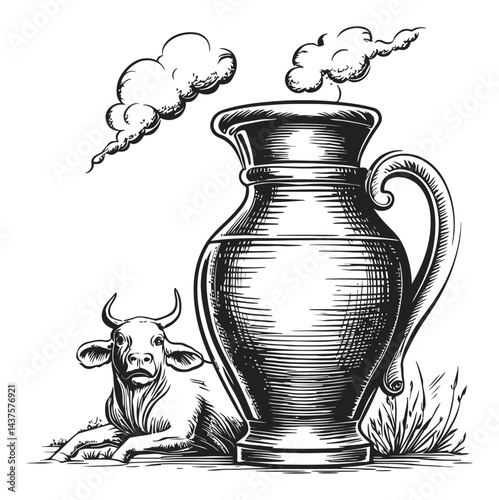 Engraving of a Milk Jug and Cow with Clouds of Steam Rising
