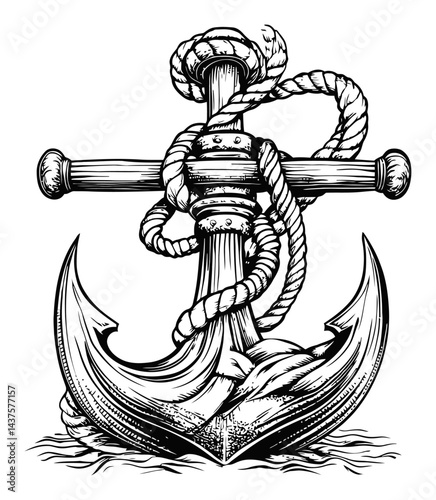 Detailed Engraving of a Nautical Anchor with Rope Design
