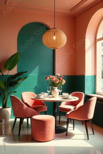 Sunlit coral and teal dining room with round table, plush chairs, and woven pendant light