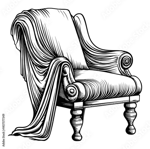 Elegant Engraving of Classic Upholstered Armchair with Drapery
